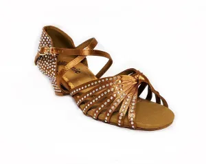 Stephanie Dance Shoes, 6090-45, Dark Tan Satin-Rhinestones, 1.5" Heel