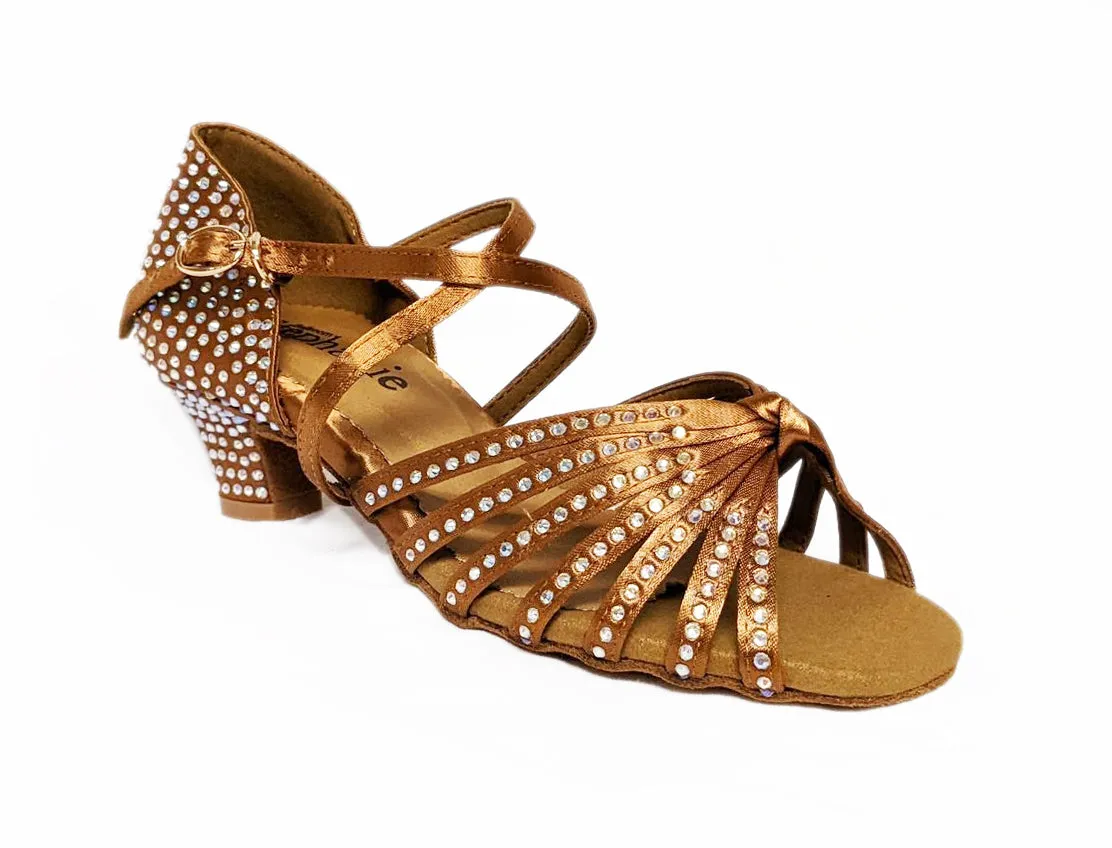 Stephanie Dance Shoes, 6090-45, Dark Tan Satin-Rhinestones, 1.5" Heel