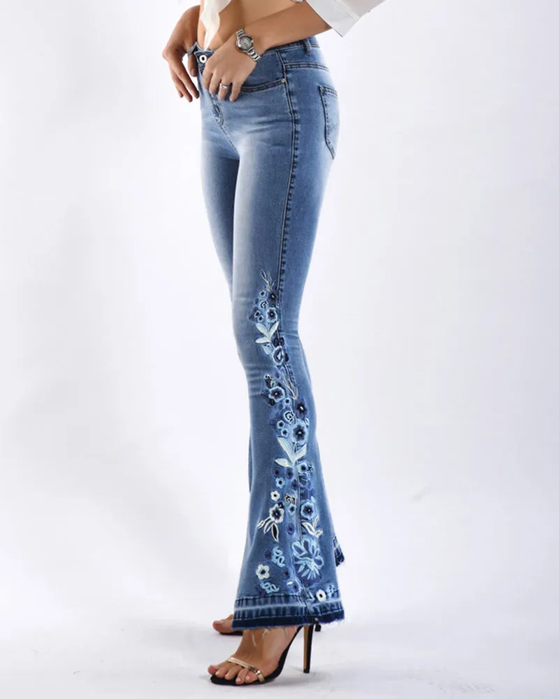 Stretch Embroidered Print Denim Wide Leg Trousers