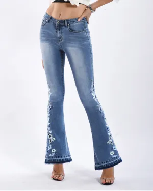 Stretch Embroidered Print Denim Wide Leg Trousers