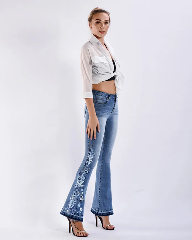 Stretch Embroidered Print Denim Wide Leg Trousers