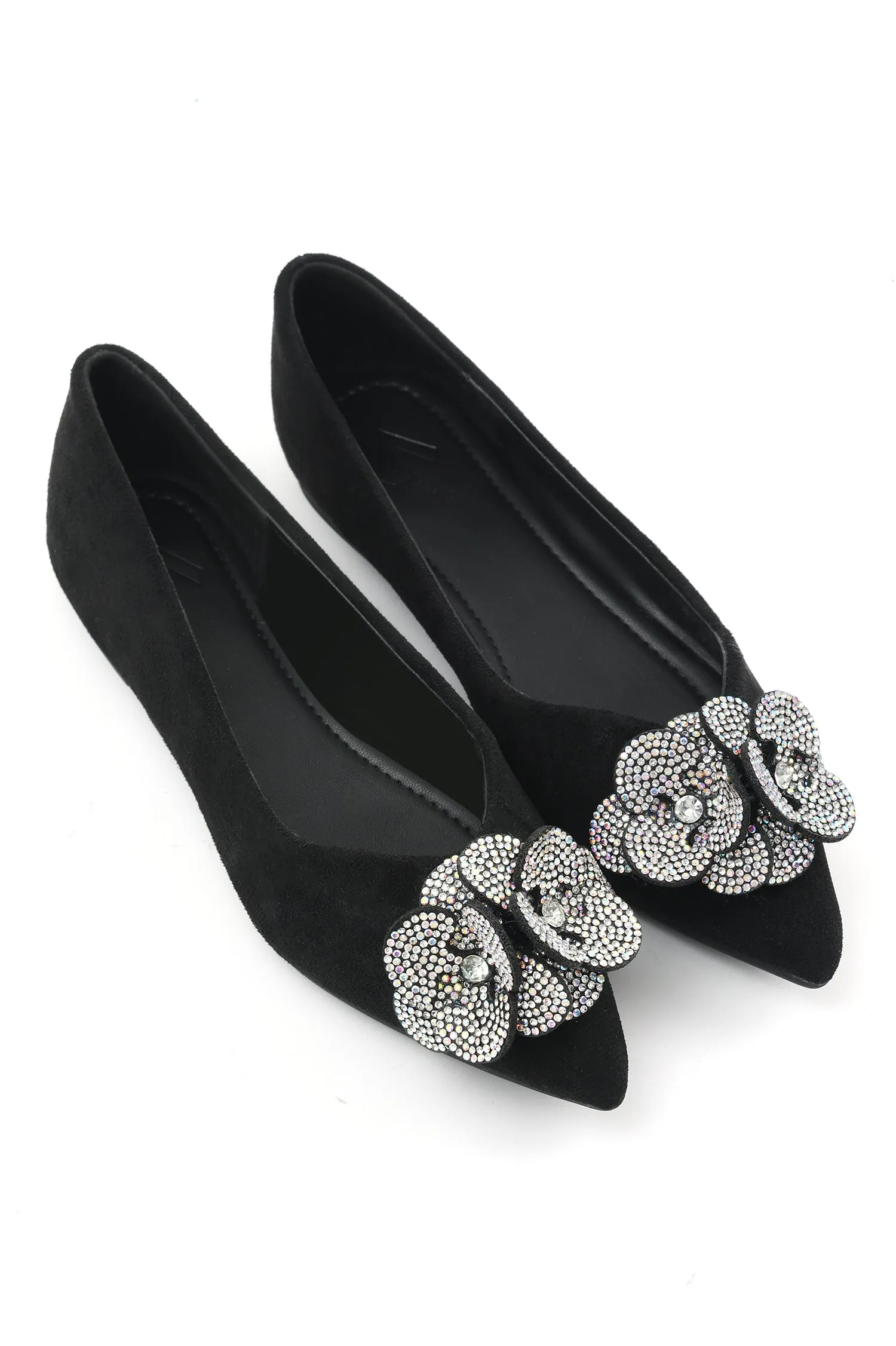 SUEDE FLORAL FLATS-BLACK