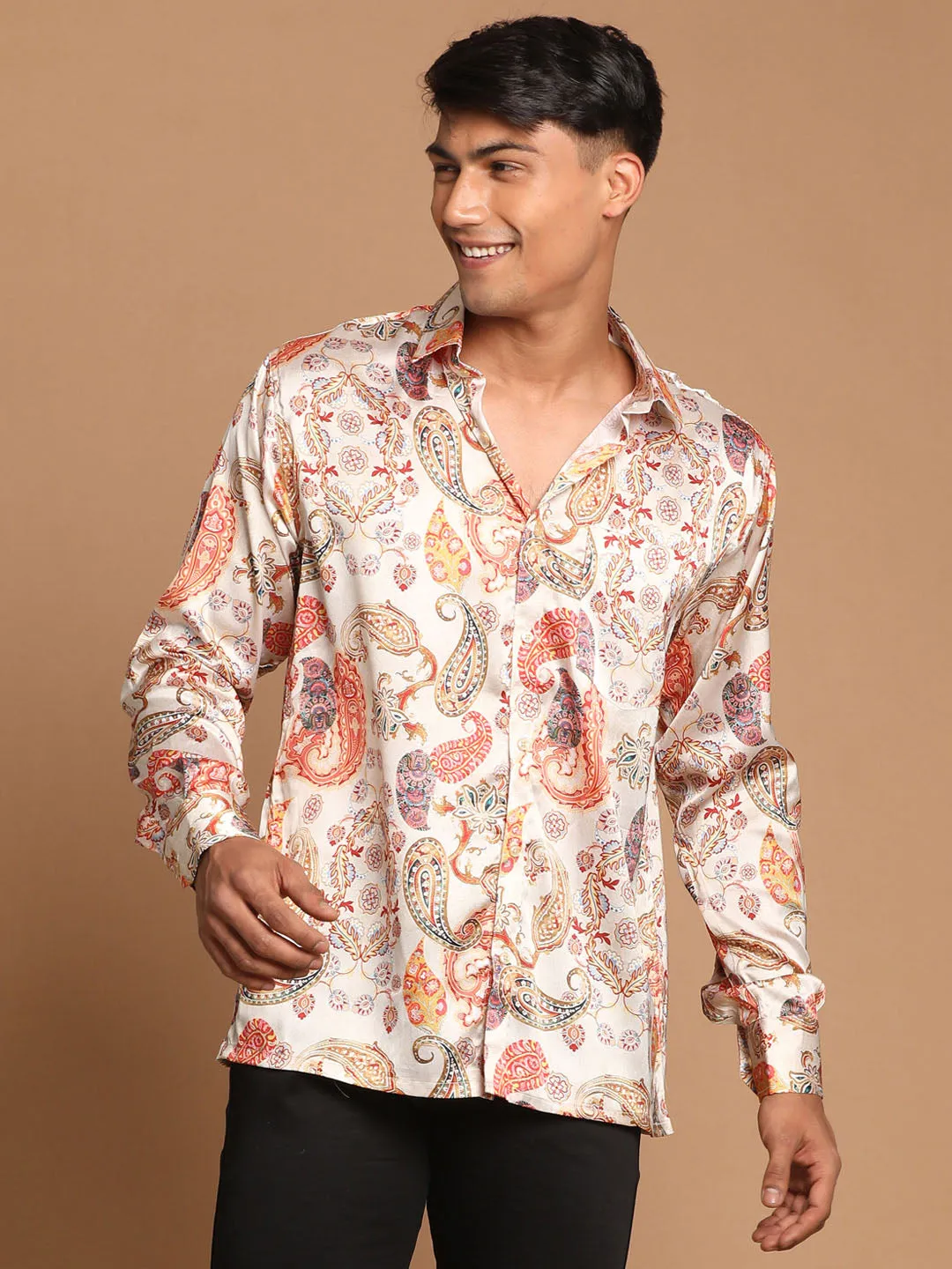 VASTRAMAY Men's Beige Cotton Silk Blend Printed Shirt