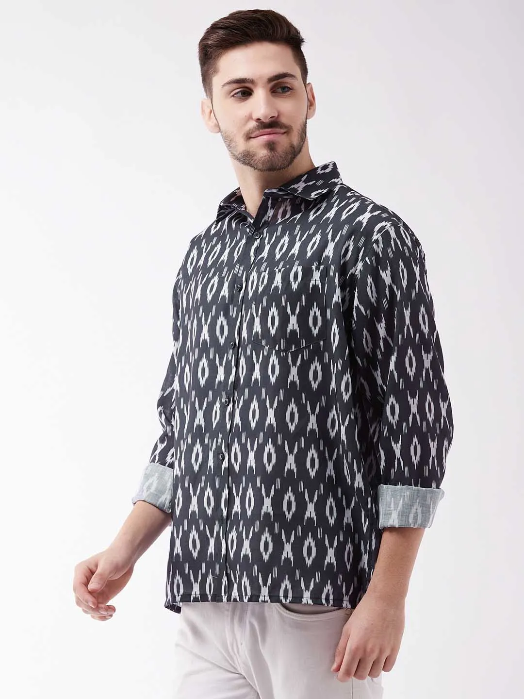 VASTRAMAY Men's Black Cotton Blend Ethnic Shirt