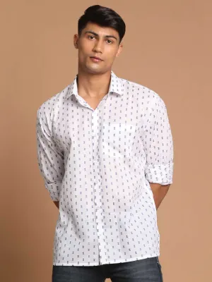 VASTRAMAY Men's Blue And White Woven Design Cotton Shirt