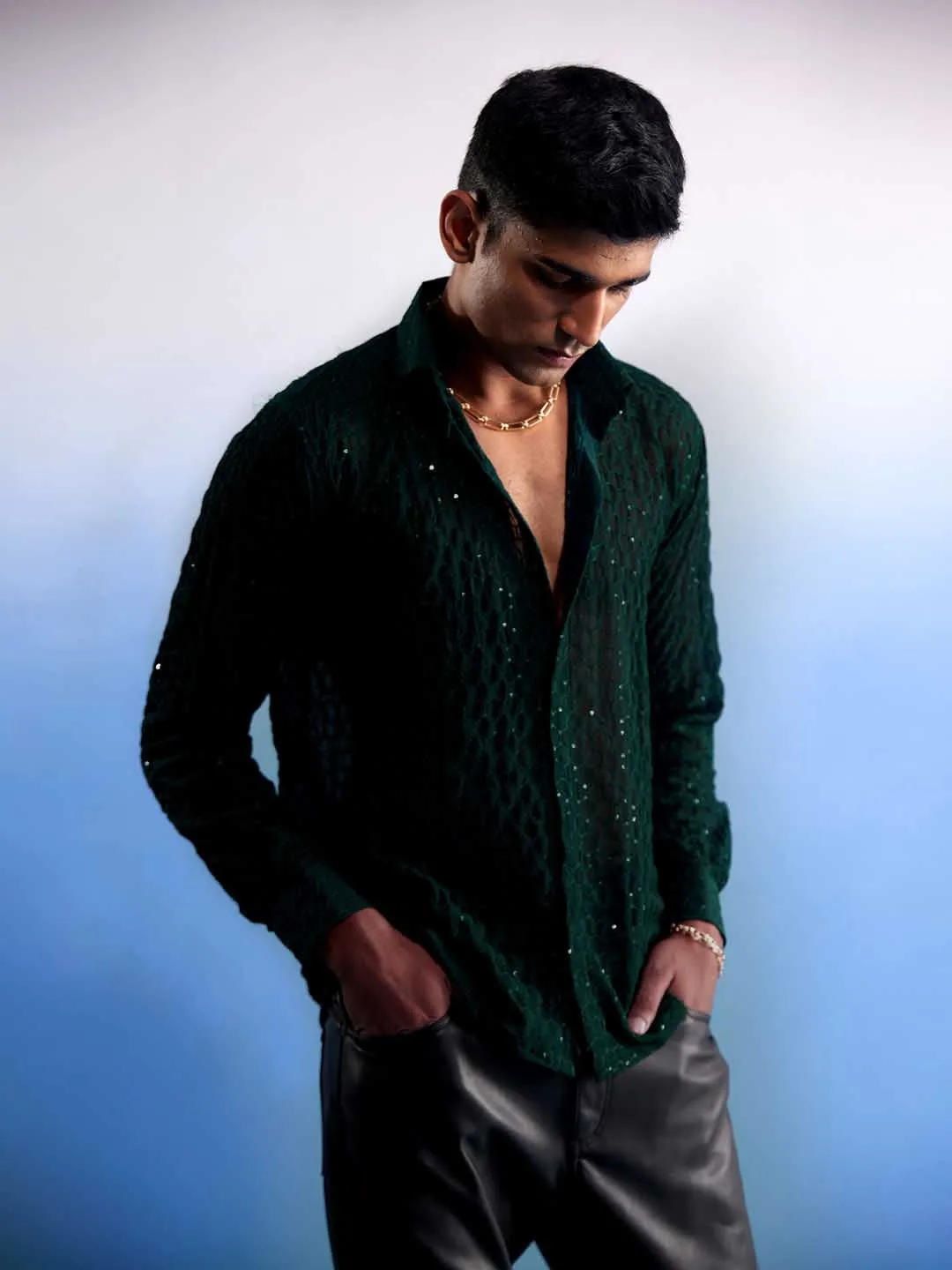 VASTRAMAY Men's Green Fancy Sequined Shirt