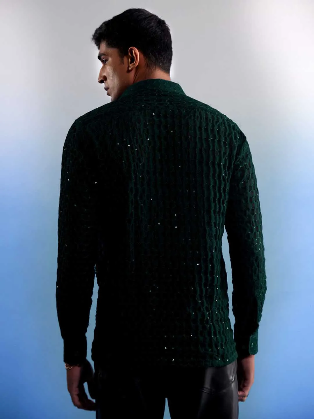 VASTRAMAY Men's Green Fancy Sequined Shirt