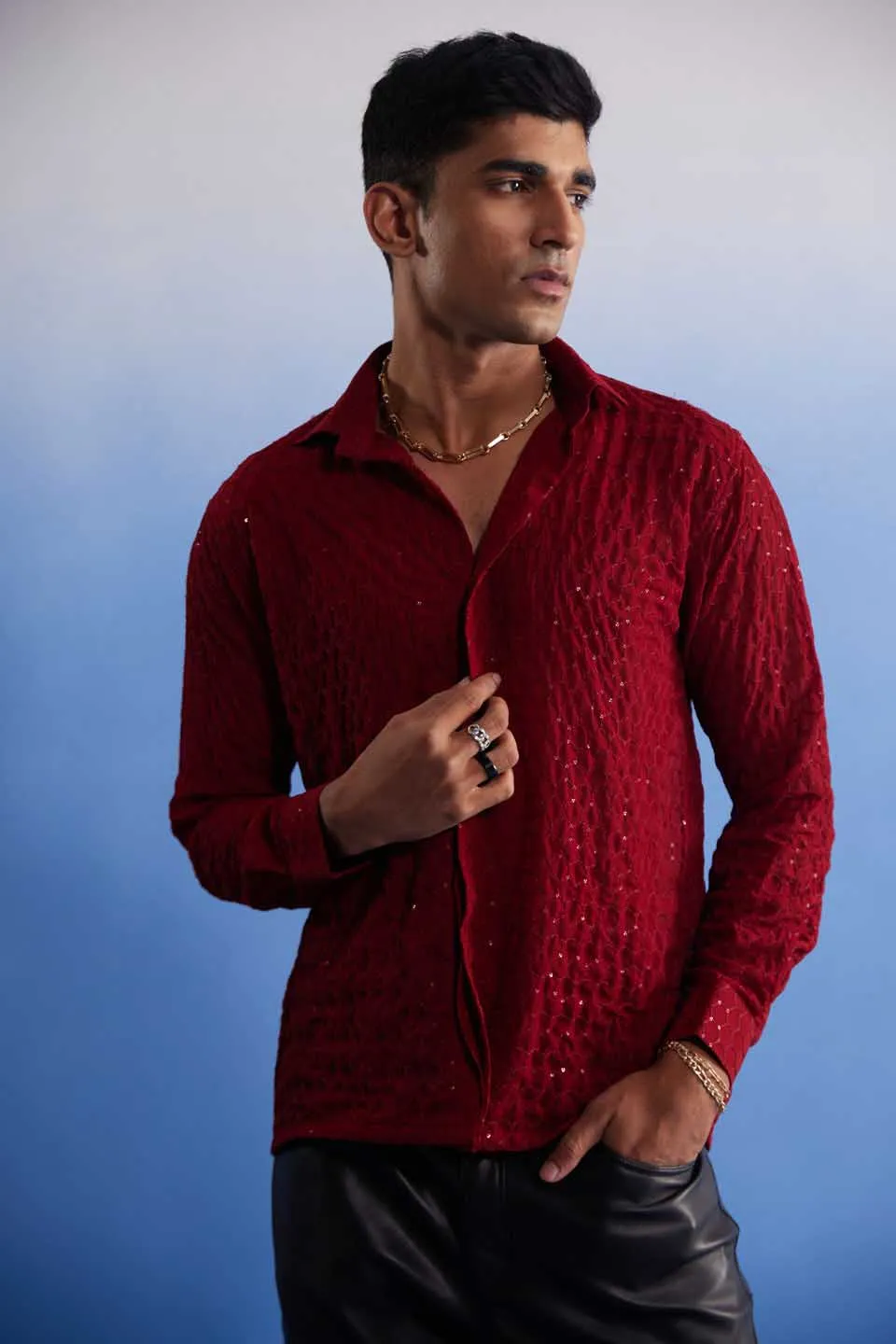 VASTRAMAY Men's Maroon Fancy Sequined Shirt