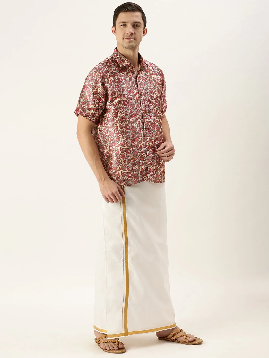 VASTRAMAY Men's Multi-Color Silk Blend Printed Shirt And Mundu Set