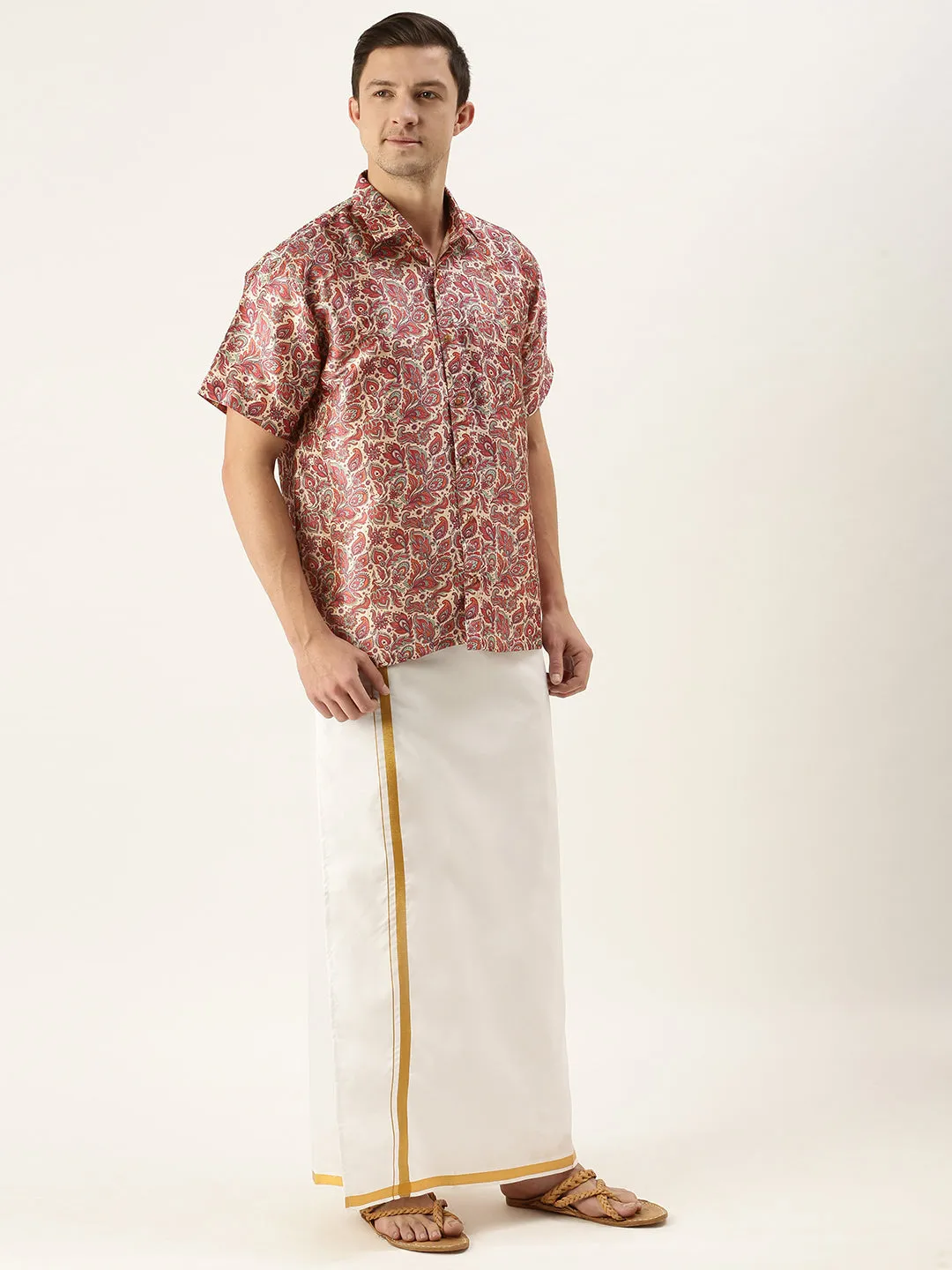 VASTRAMAY Men's Multi-Color Silk Blend Printed Shirt And Mundu Set