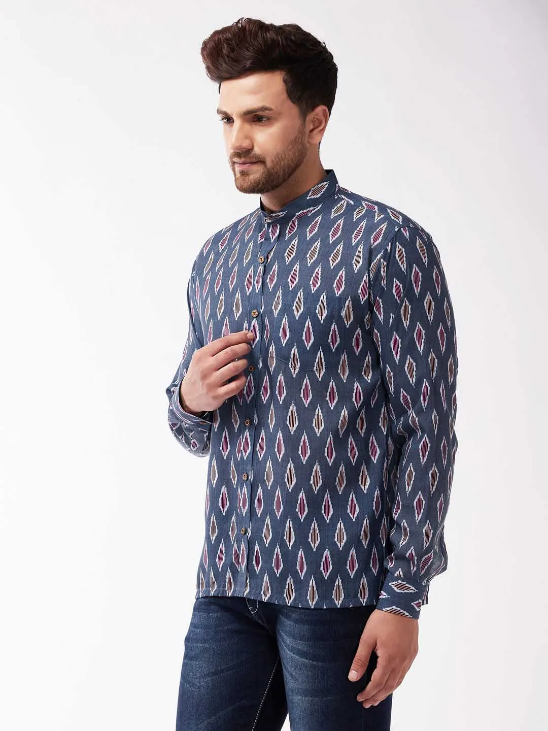 VASTRAMAY Men's Multicolour-Base-Grey Cotton Blend Ethnic Shirt