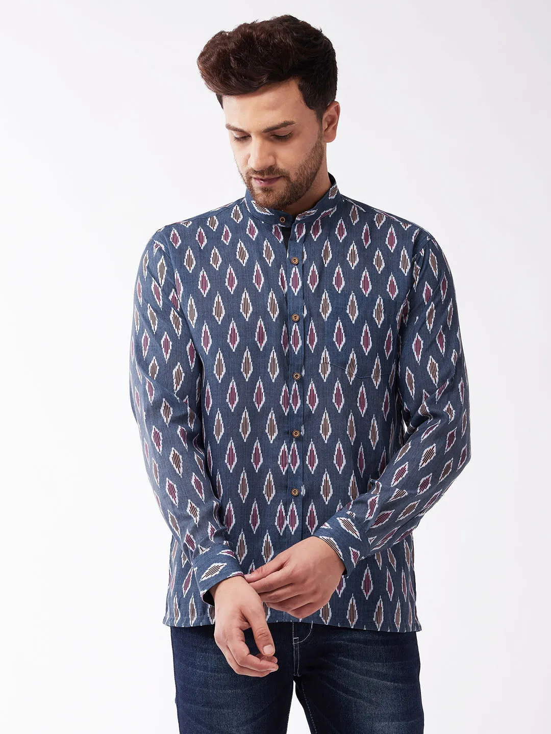 VASTRAMAY Men's Multicolour-Base-Grey Cotton Blend Ethnic Shirt