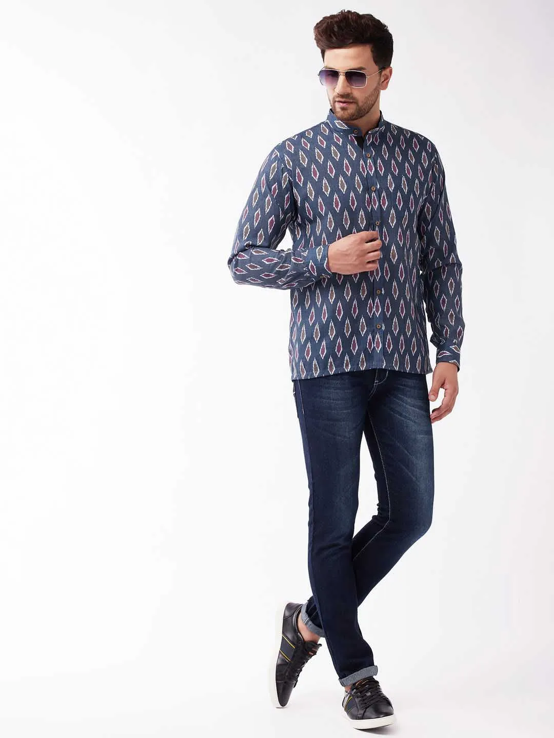 VASTRAMAY Men's Multicolour-Base-Grey Cotton Blend Ethnic Shirt