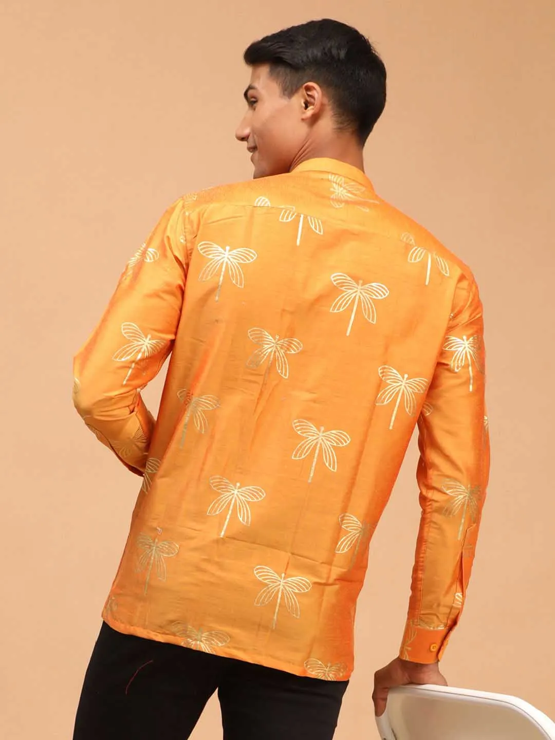 VASTRAMAY Men's Orange Foil Print Shirt