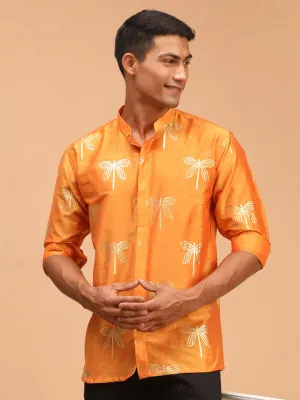 VASTRAMAY Men's Orange Foil Print Shirt