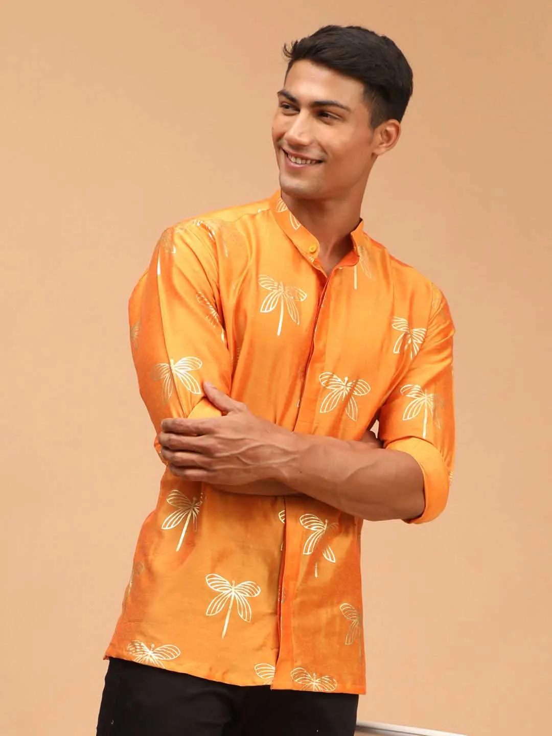 VASTRAMAY Men's Orange Foil Print Shirt