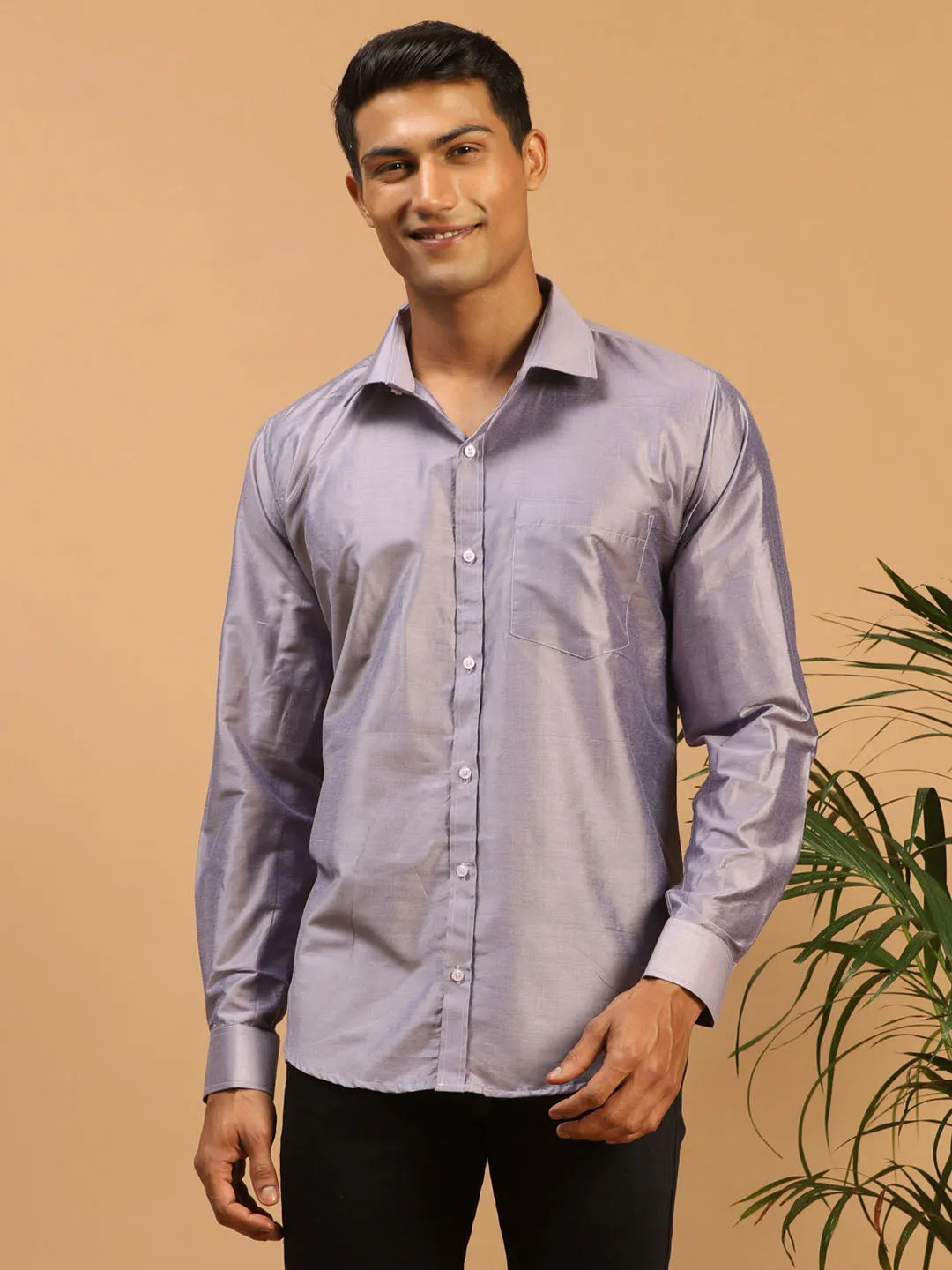 VASTRAMAY Men's Purple Silk Blend Ethnic Shirt