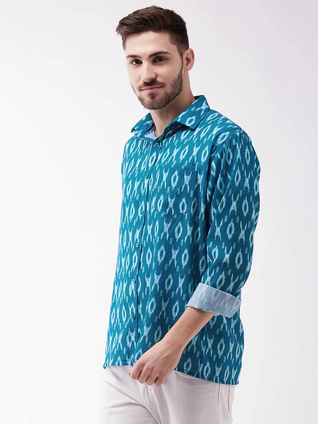 VASTRAMAY Men's Turquoise Cotton Blend Ethnic Shirt