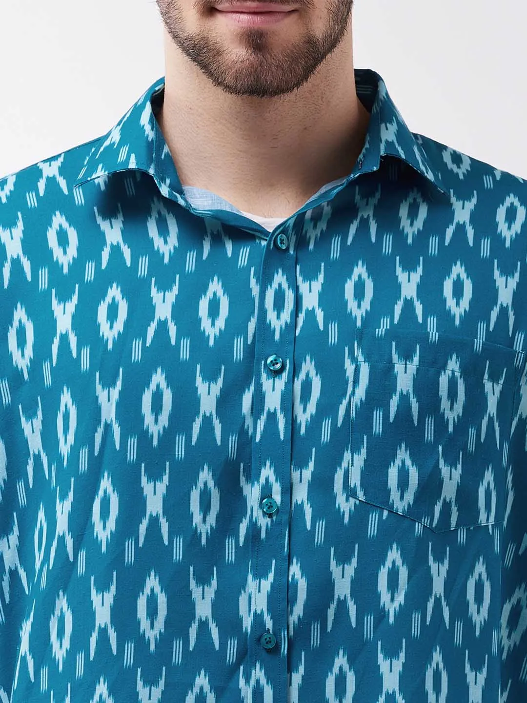 VASTRAMAY Men's Turquoise Cotton Blend Ethnic Shirt