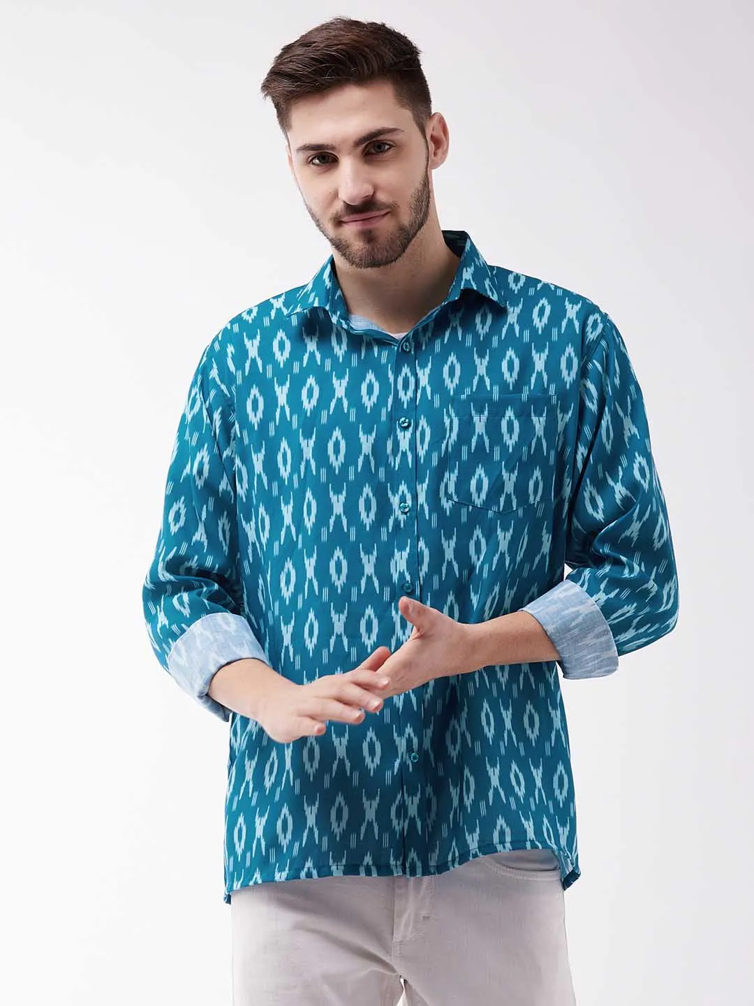 VASTRAMAY Men's Turquoise Cotton Blend Ethnic Shirt