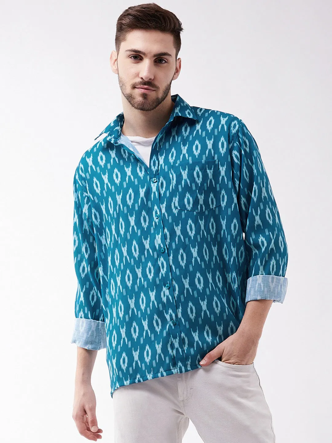 VASTRAMAY Men's Turquoise Cotton Blend Ethnic Shirt