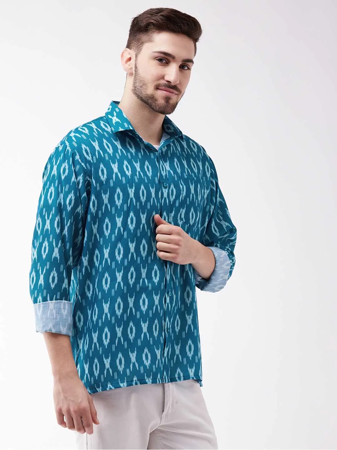 VASTRAMAY Men's Turquoise Cotton Blend Ethnic Shirt