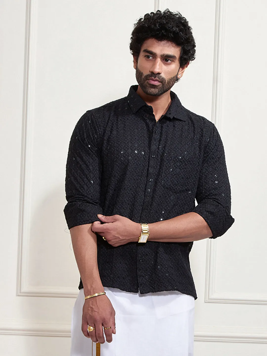 VM By VASTRAMAY Men's Black Rayon Embellished Shirt