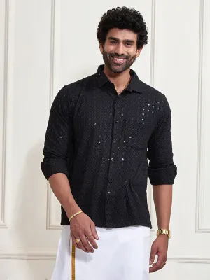 VM By VASTRAMAY Men's Black Rayon Embellished Shirt