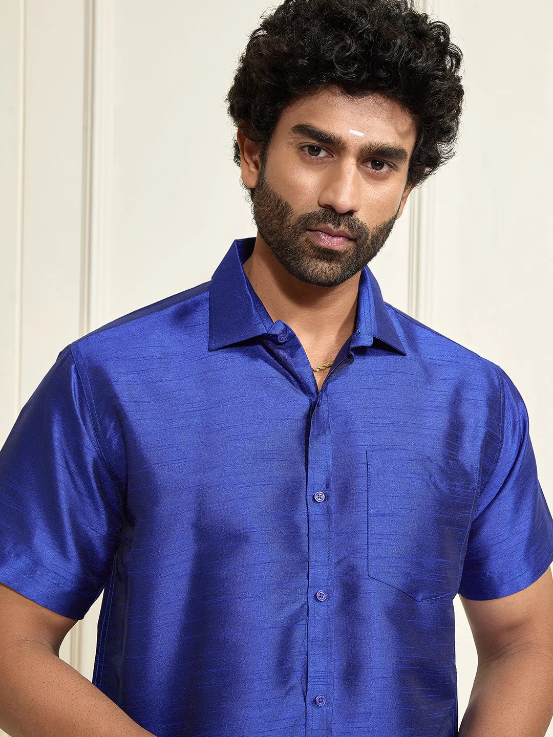 VM By VASTRAMAY Men's Blue Silk Blend Ethnic Shirt