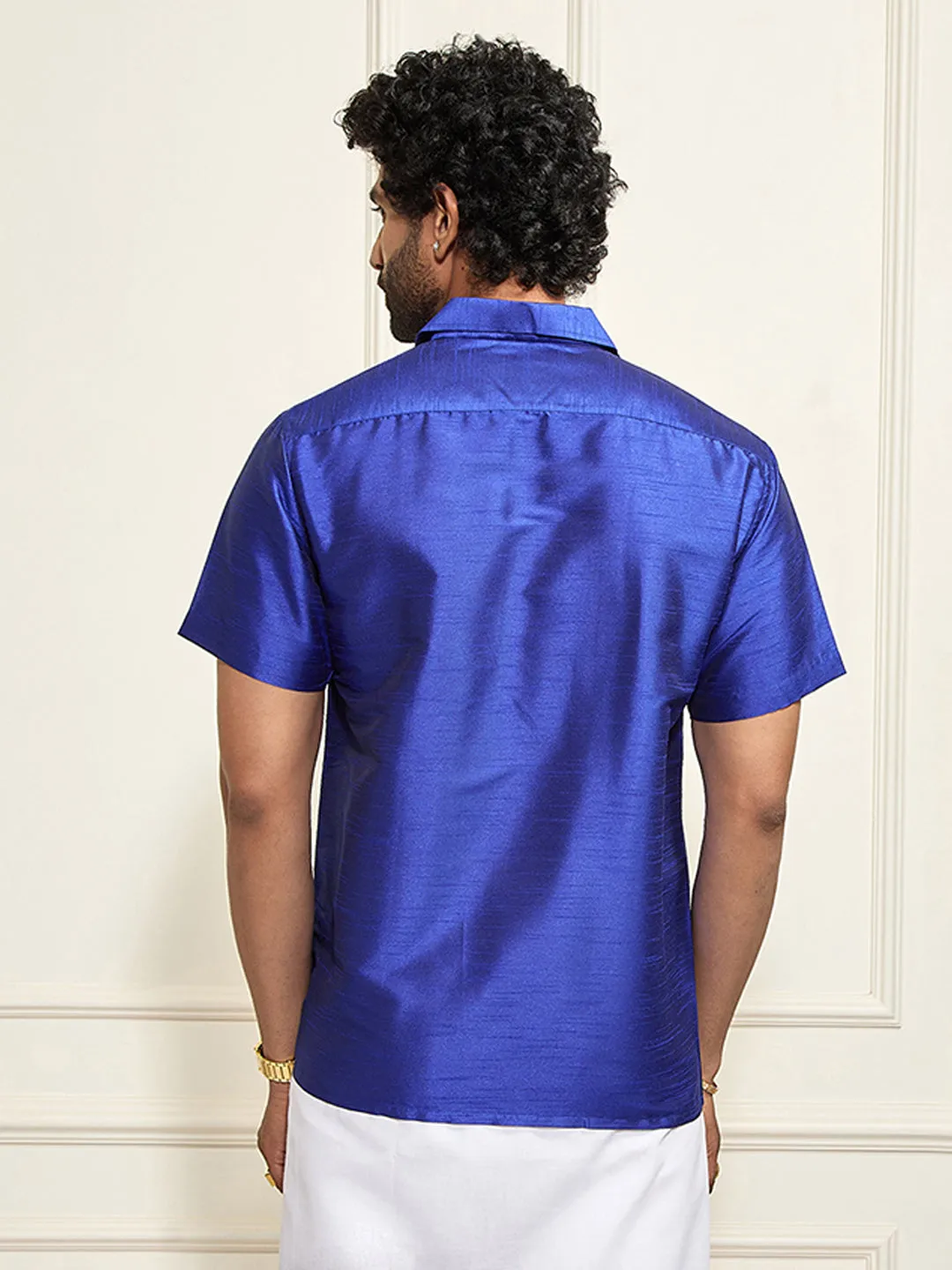 VM By VASTRAMAY Men's Blue Silk Blend Ethnic Shirt