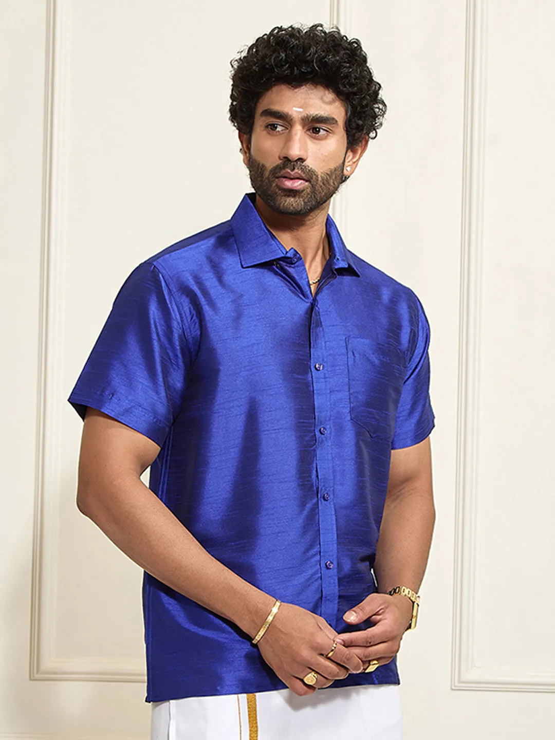 VM By VASTRAMAY Men's Blue Silk Blend Ethnic Shirt