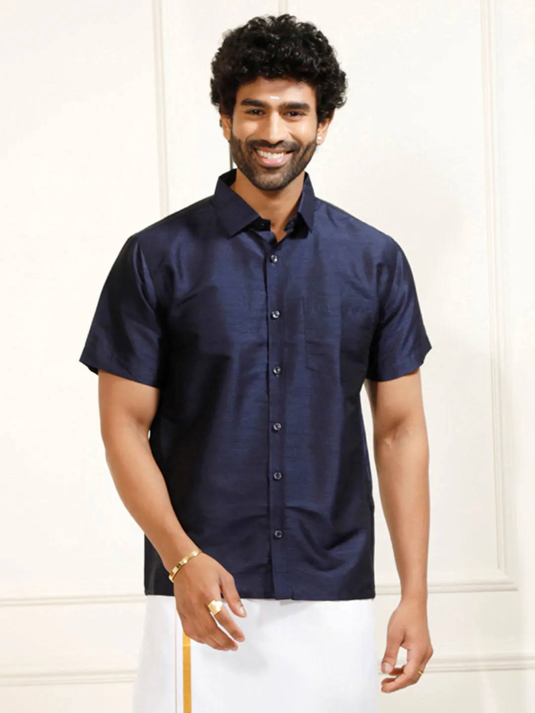 VM By VASTRAMAY Men's Navy Blue Silk Blend Ethnic Shirt