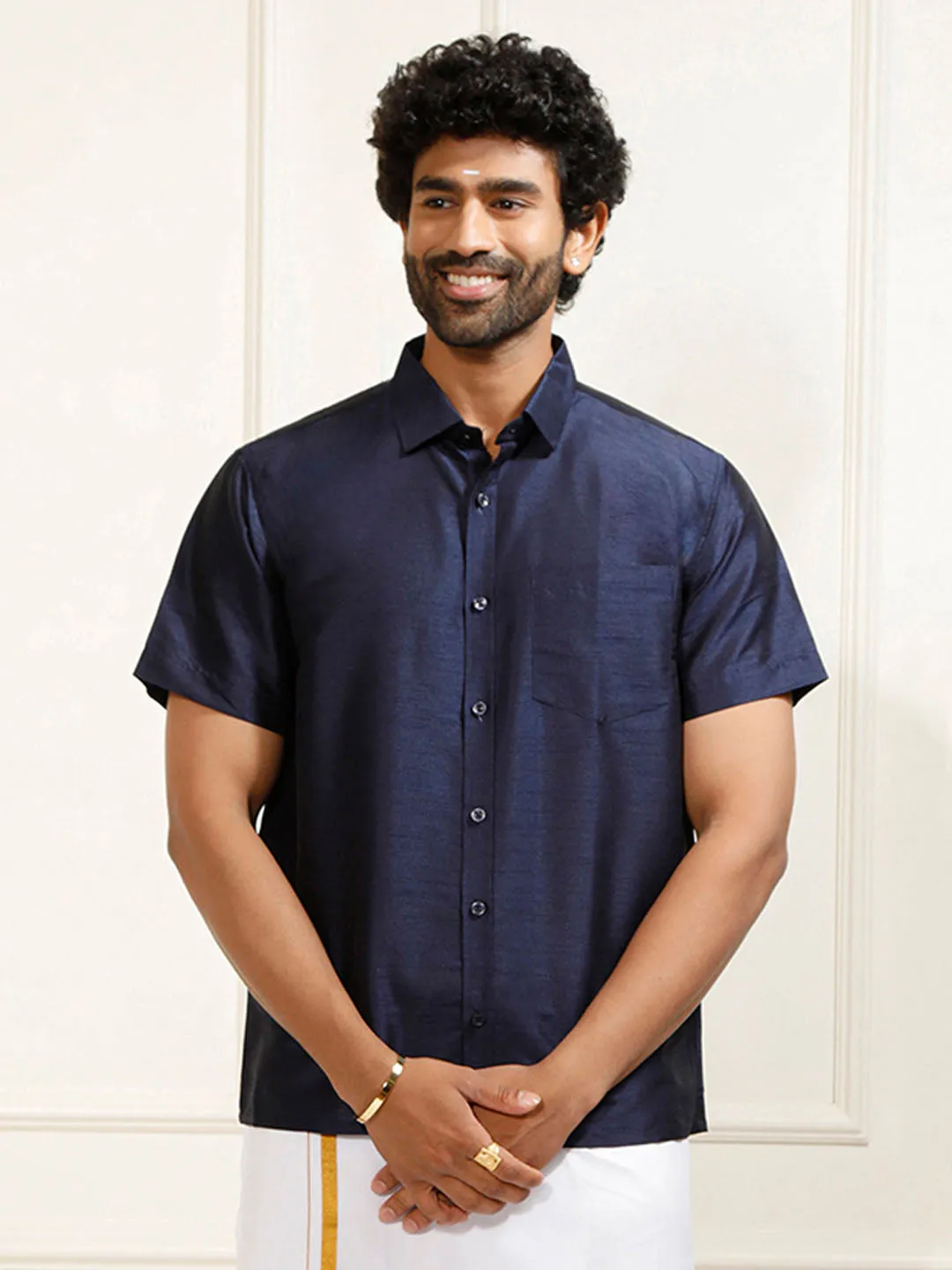 VM By VASTRAMAY Men's Navy Blue Silk Blend Ethnic Shirt