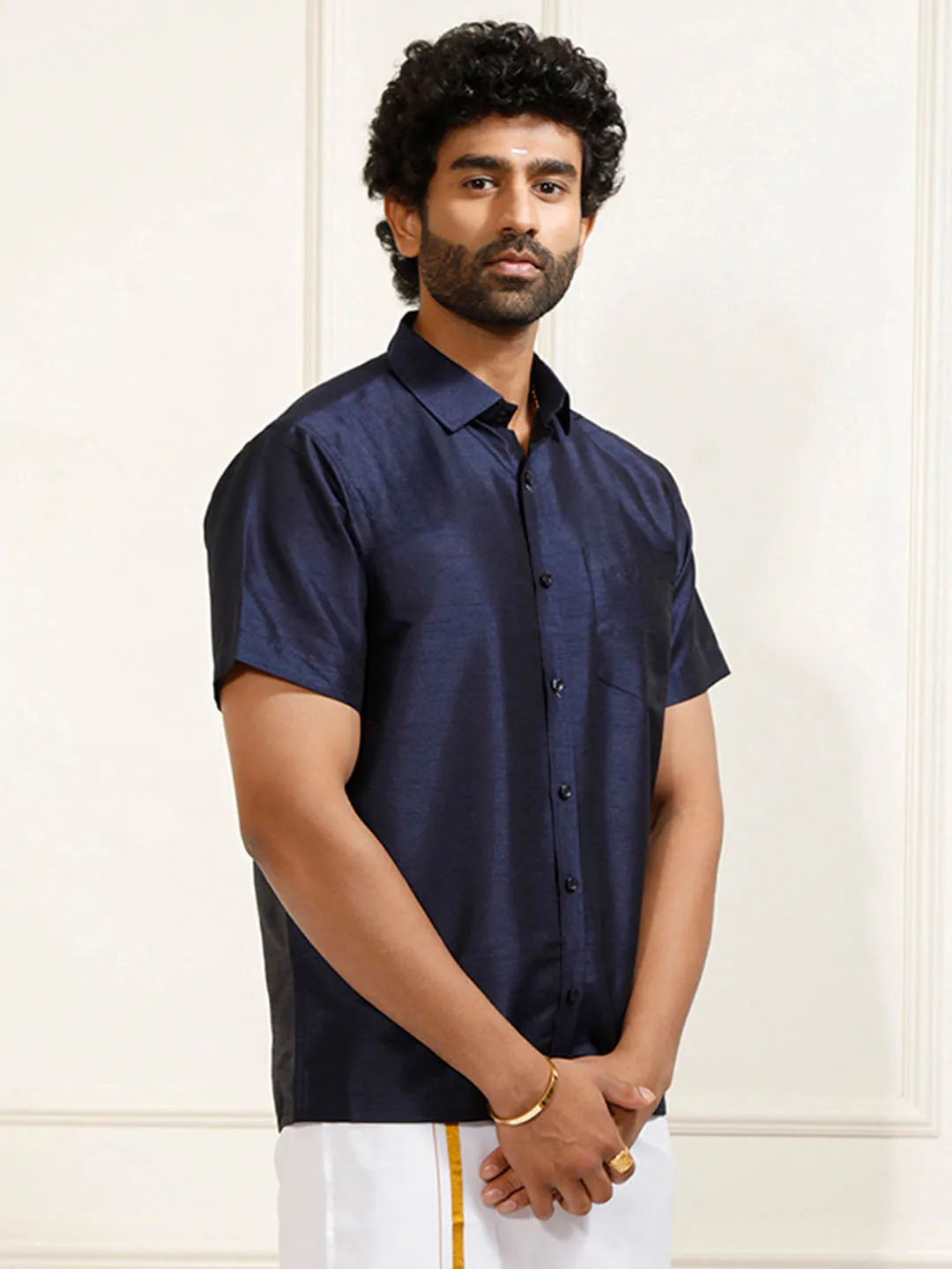 VM By VASTRAMAY Men's Navy Blue Silk Blend Ethnic Shirt