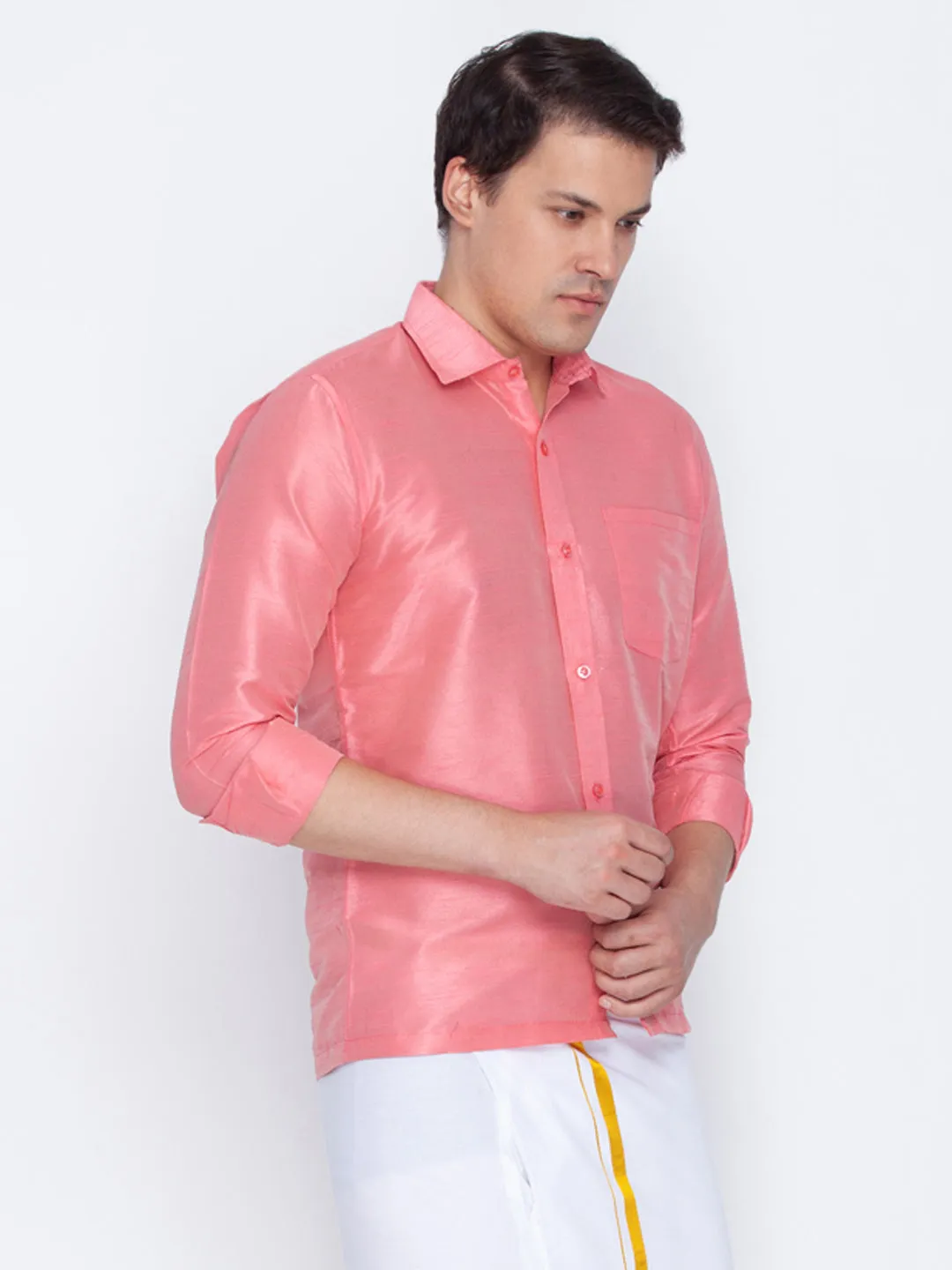 VM By VASTRAMAY Men's Pink Silk Blend Ethnic Shirt