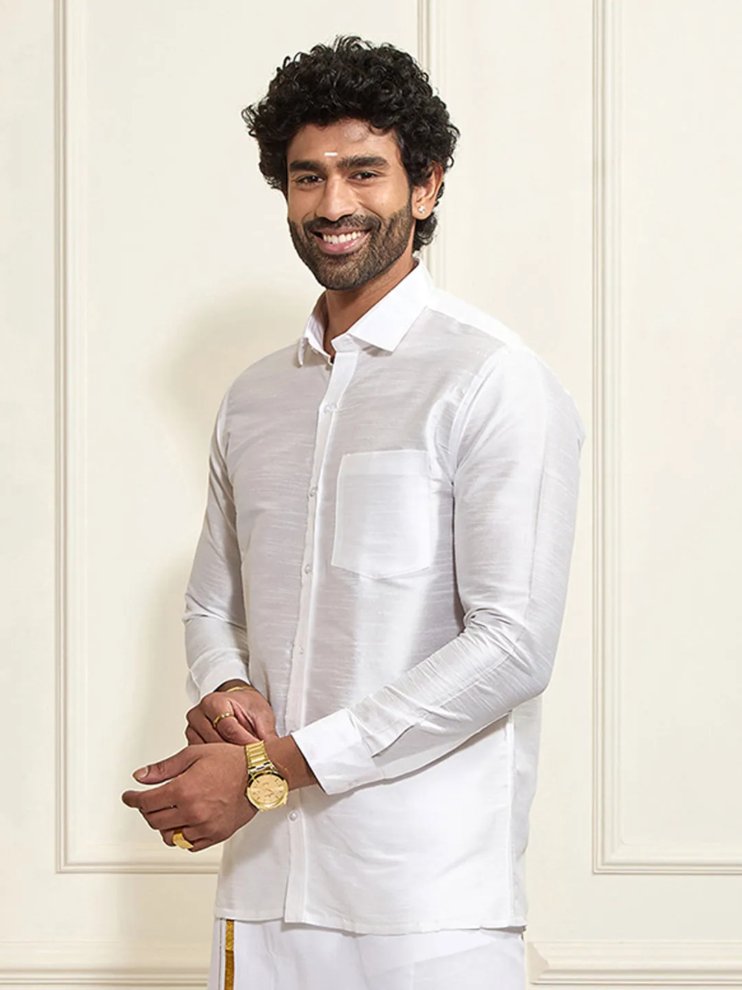 VM By VASTRAMAY Men's White Silk Blend Ethnic Shirt