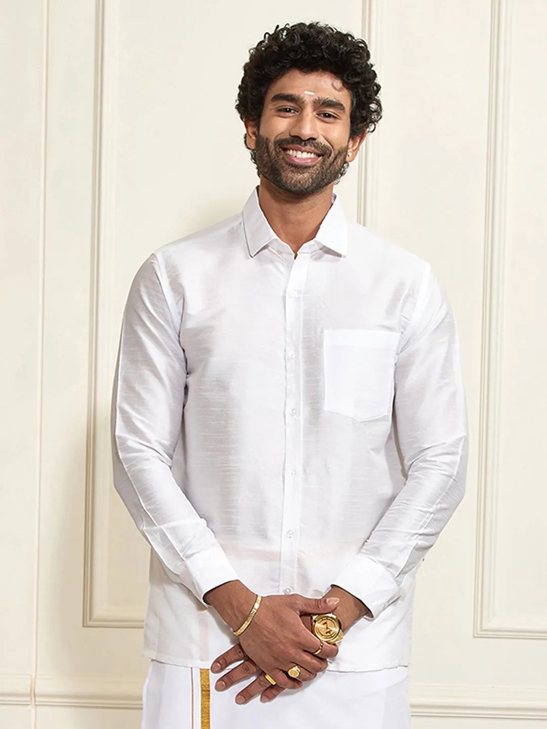 VM By VASTRAMAY Men's White Silk Blend Ethnic Shirt