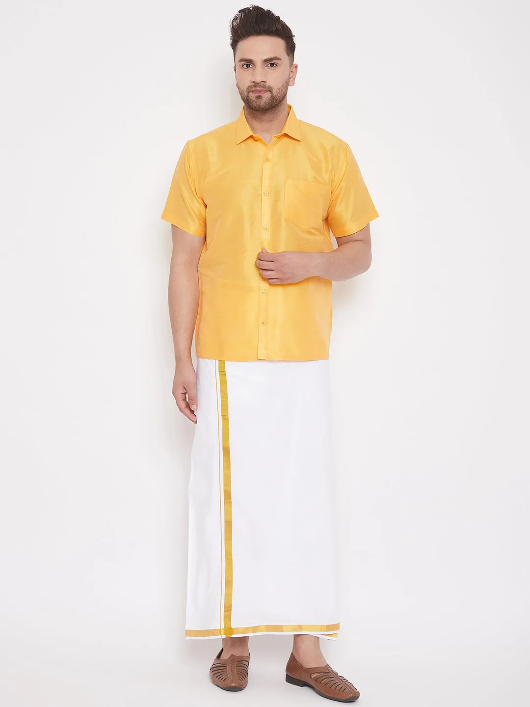 VM By VASTRAMAY Men's Yellow Silk Blend Ethnic Shirt