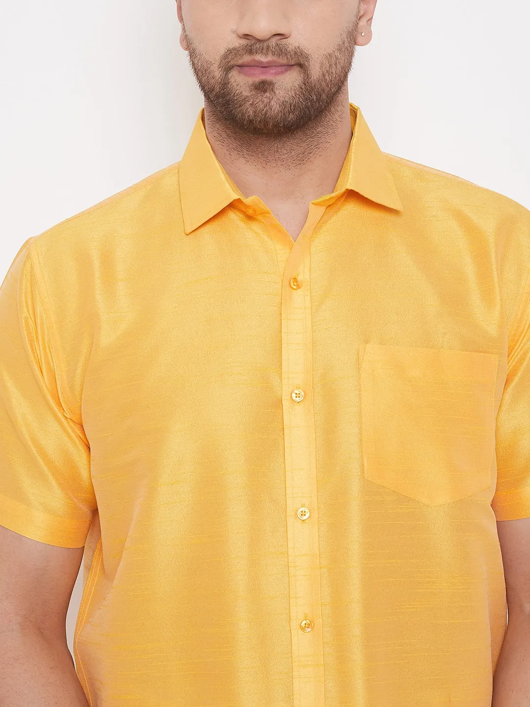 VM By VASTRAMAY Men's Yellow Silk Blend Ethnic Shirt