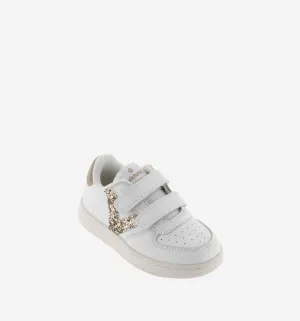 White leather sneakers with gold glitter V logo