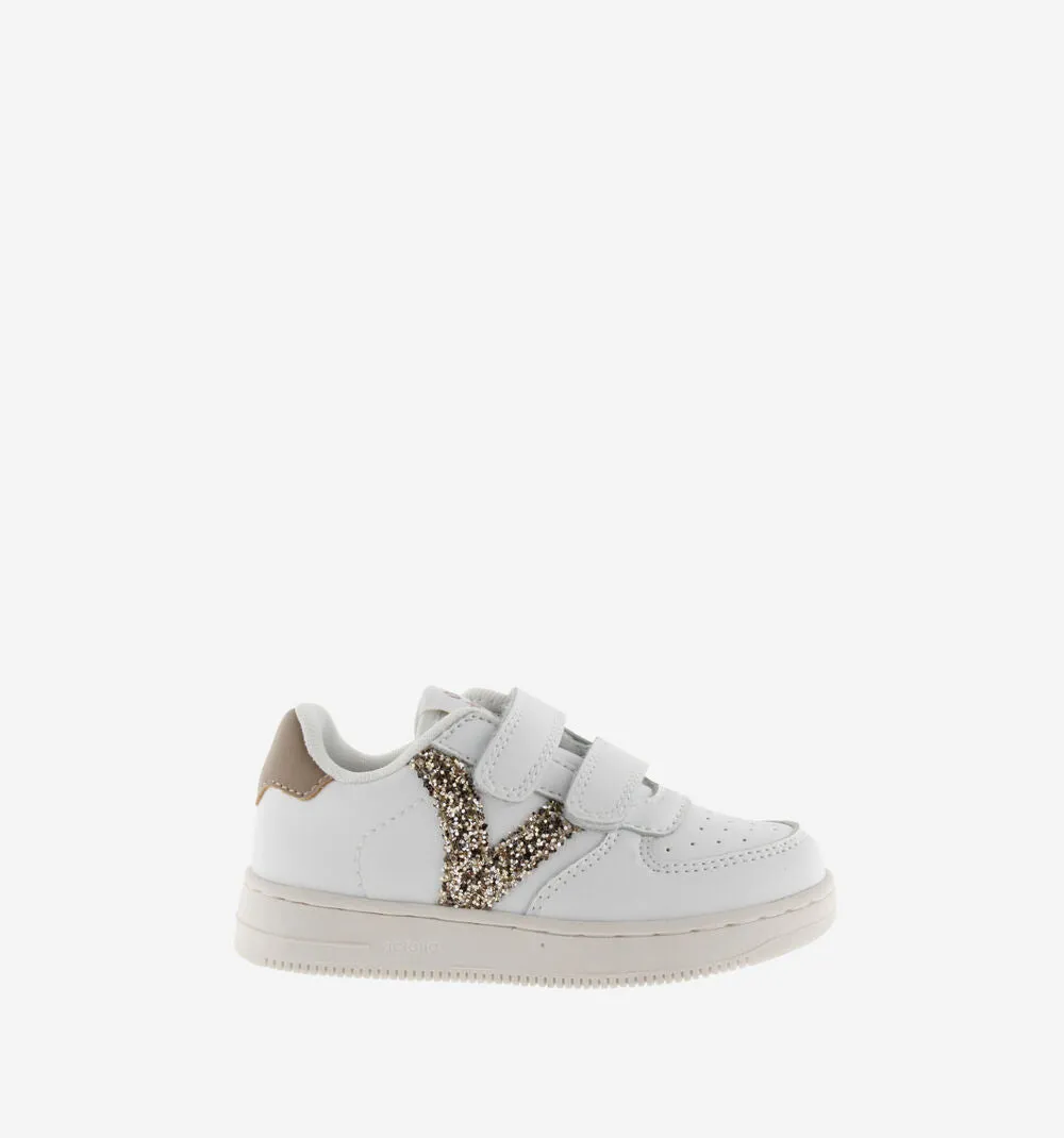 White leather sneakers with gold glitter V logo