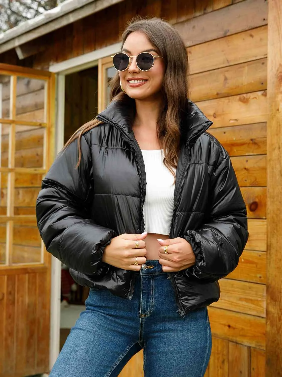 Zip-Up High Neck Puffer Faux Leather Jacket