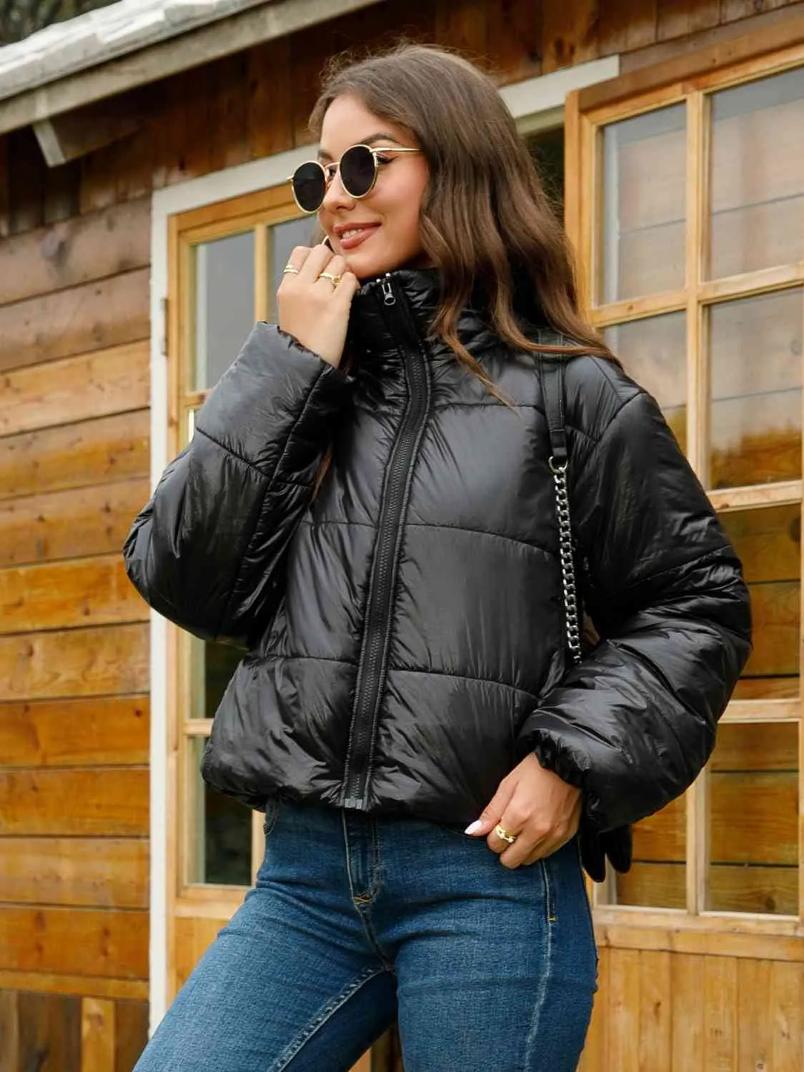 Zip-Up High Neck Puffer Faux Leather Jacket